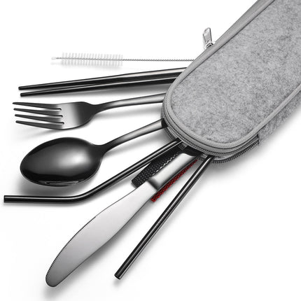 7 in 1 Cutlery Spoon Chopsticks And Straw Set Stainless Steel Portable Cutlery Set, Specification: Silver + Deep Bag-garmade.com