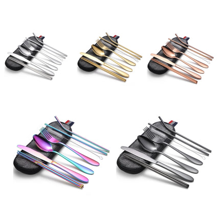 7 in 1 Cutlery Spoon Chopsticks And Straw Set Stainless Steel Portable Cutlery Set, Specification: Gold + Deep Bag-garmade.com