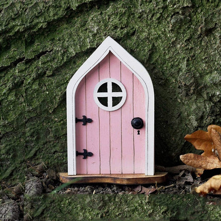Courtyard Wooden Miniature Fairy Dwarf Door Tree Decoration(Window Door (Pink))-garmade.com