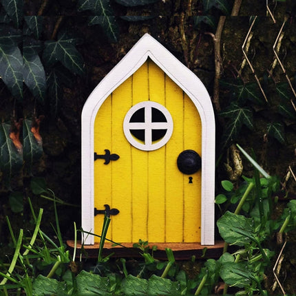Courtyard Wooden Miniature Fairy Dwarf Door Tree Decoration(Window Door (Yellow))-garmade.com