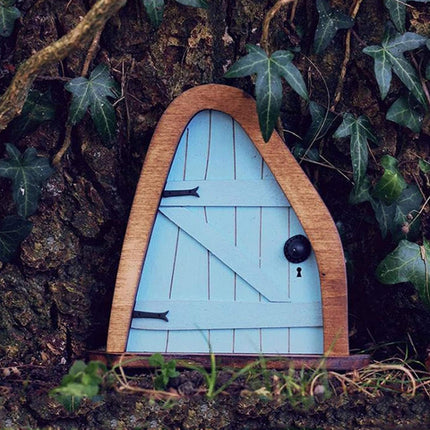 Courtyard Wooden Miniature Fairy Dwarf Door Tree Decoration(Oval Door (Blue))-garmade.com