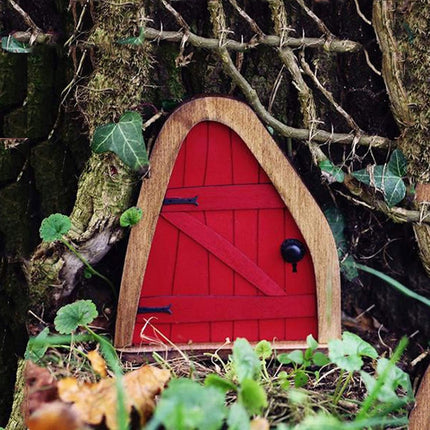 Courtyard Wooden Miniature Fairy Dwarf Door Tree Decoration(Oval Door (Red))-garmade.com