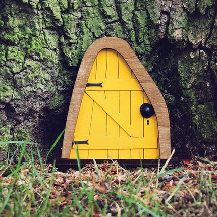 Courtyard Wooden Miniature Fairy Dwarf Door Tree Decoration(Oval Door (Yellow))-garmade.com