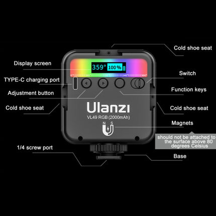 Ulanzi VL49 RGB Small LED Video Fill Light 6W Vlog Photography Beauty Light(Black)-garmade.com