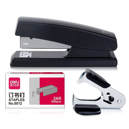 2 Sets Deli 12 0354 Stapler Set Office Standard Medium-Sized Stapler Staple Remover + Staples(Black)-garmade.com