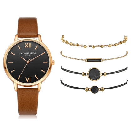 LVPAI XR3795 Ladies PU Strap Alloy Quartz Watch + Bracelet Set(Brown)-garmade.com