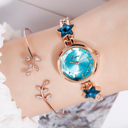 Lvpai P866 Diamond Five-Pointed Star Bracelet Watch Ladies Alloy Quartz Watches(Rose Gold Blue)-garmade.com