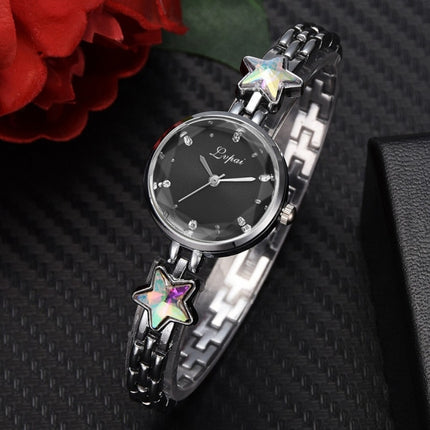 Lvpai P866 Diamond Five-Pointed Star Bracelet Watch Ladies Alloy Quartz Watches(Silver Black)-garmade.com