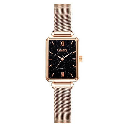 GAIETY G690 Retractable Magnet Buckle Ladies Mesh Belt Small Square Dial Bracelet Watch(Rose Gold Black Dial)-garmade.com