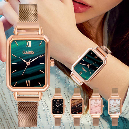 GAIETY G690 Retractable Magnet Buckle Ladies Mesh Belt Small Square Dial Bracelet Watch(Rose Gold Green Dial + H138)-garmade.com