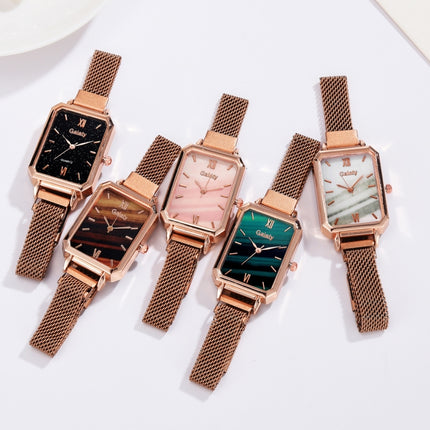 GAIETY G690 Retractable Magnet Buckle Ladies Mesh Belt Small Square Dial Bracelet Watch(Rose Gold Green Dial + H138)-garmade.com