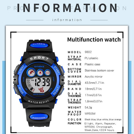 SYNOKE 9802 Children Sports Waterproof Digital Watch(Black Blue)-garmade.com