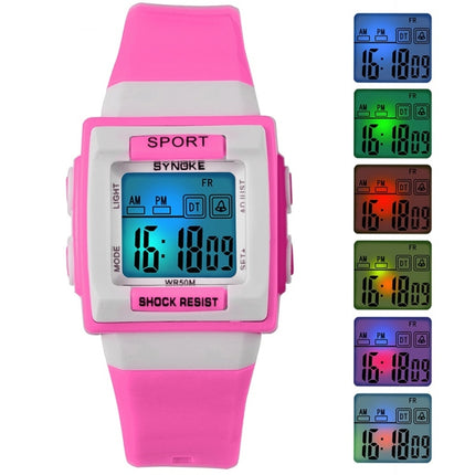 SYNOKE 66188 Student Square Dial Colorful Luminous Waterproof Electronic Watch(Pink)-garmade.com