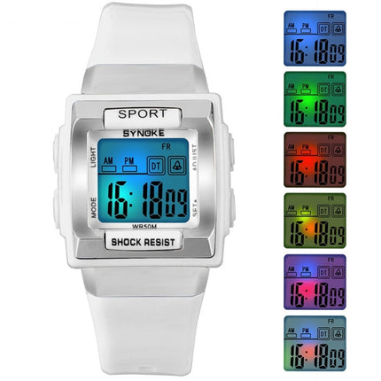SYNOKE 66188 Student Square Dial Colorful Luminous Waterproof Electronic Watch(White)-garmade.com