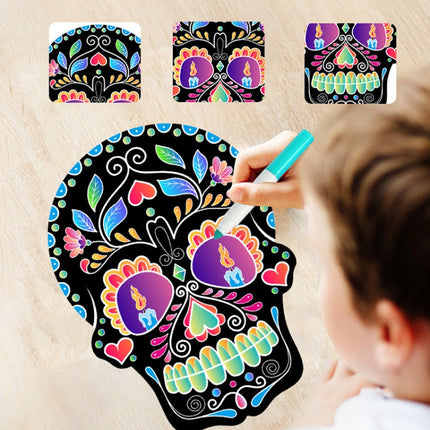 1 Sets Children Colorful Skull Head Halloween Scratch Painting DIY Ornaments Flower Skull Sticker(12 PCS / Set)-garmade.com