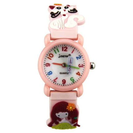 JNEW A335-86195 Children Cute Cartoon Waterproof Time Cognitive Quartz Watch(Girl And Cat (Pink))-garmade.com