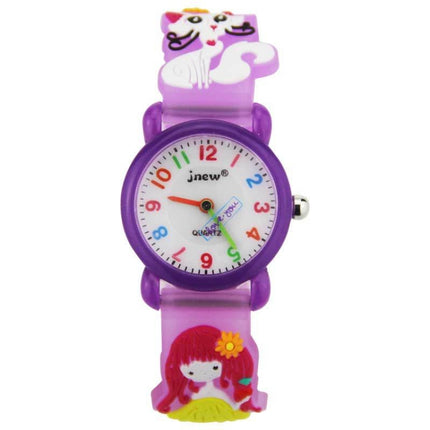 JNEW A335-86195 Children Cute Cartoon Waterproof Time Cognitive Quartz Watch(Girl And Cat (Purple))-garmade.com