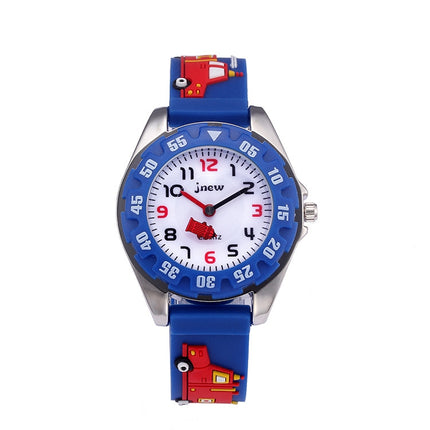 JNEW 6811-20076 Children Waterproof Cartoon 3D Fire Truck Car Silicone Strap Quartz Watch(Blue)-garmade.com