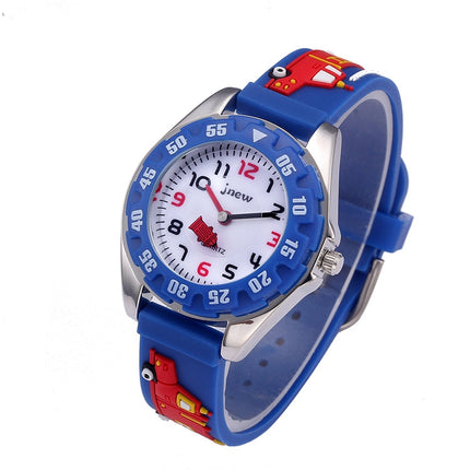 JNEW 6811-20076 Children Waterproof Cartoon 3D Fire Truck Car Silicone Strap Quartz Watch(Blue)-garmade.com