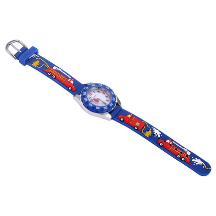 JNEW 6811-20076 Children Waterproof Cartoon 3D Fire Truck Car Silicone Strap Quartz Watch(Blue)-garmade.com