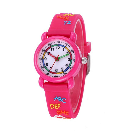 JNEW A335-20094 Children 3D Cartoon Letters Rubber Shell Waterproof Quartz Watch(Rose Red)-garmade.com