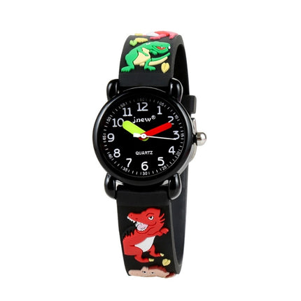 JNEW A335-86172 Children Cute Cartoon 3D Dinosaur Waterproof Silicone Strap Quartz Watch( Rubber Shell Black)-garmade.com