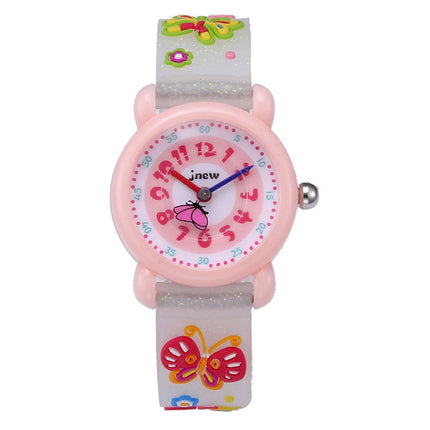 JNEW A335-20082 Children Cartoon 3D Butterfly Waterproof Time Cognitive Silicone Jelly Strap Quartz Watch(Loose Powder White)-garmade.com