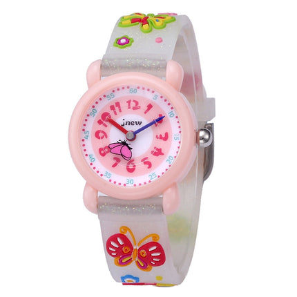 JNEW A335-20082 Children Cartoon 3D Butterfly Waterproof Time Cognitive Silicone Jelly Strap Quartz Watch(Loose Powder White)-garmade.com