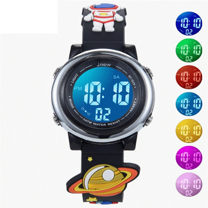 JNEW A380-86161 Children Cartoon 3D Space Planet Multifunctional Waterproof Sports LED Electronic Watch(Black)-garmade.com