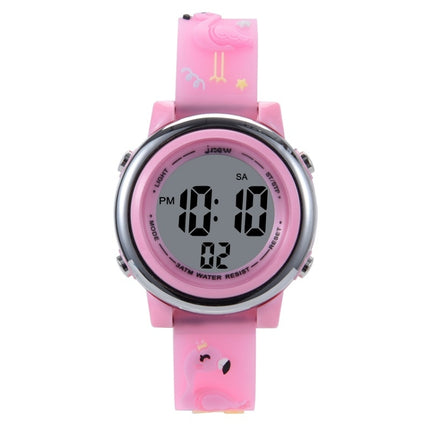 JNEW A380-86576 Student Cartoon Flamingo Waterproof Luminous Multifunction LED Electronic Watch(Pink)-garmade.com