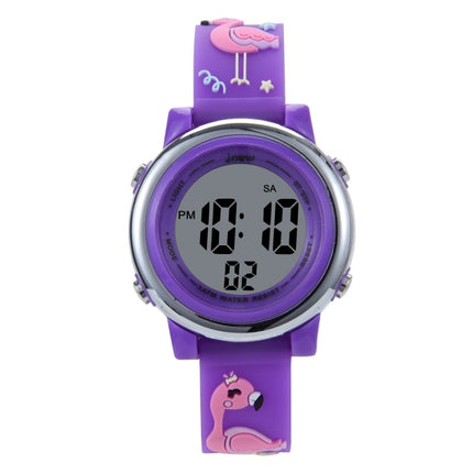 JNEW A380-86576 Student Cartoon Flamingo Waterproof Luminous Multifunction LED Electronic Watch(Dark Purple)-garmade.com