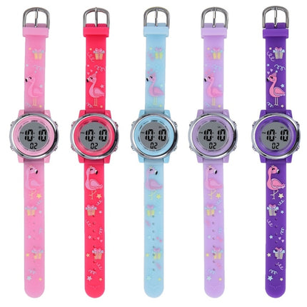 JNEW A380-86576 Student Cartoon Flamingo Waterproof Luminous Multifunction LED Electronic Watch(Dark Purple)-garmade.com