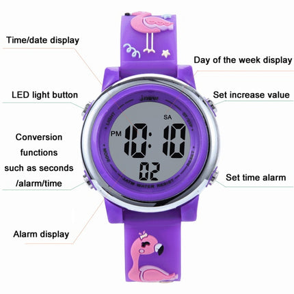 JNEW A380-86576 Student Cartoon Flamingo Waterproof Luminous Multifunction LED Electronic Watch(Dark Purple)-garmade.com