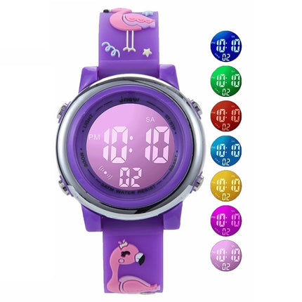 JNEW A380-86576 Student Cartoon Flamingo Waterproof Luminous Multifunction LED Electronic Watch(Dark Purple)-garmade.com