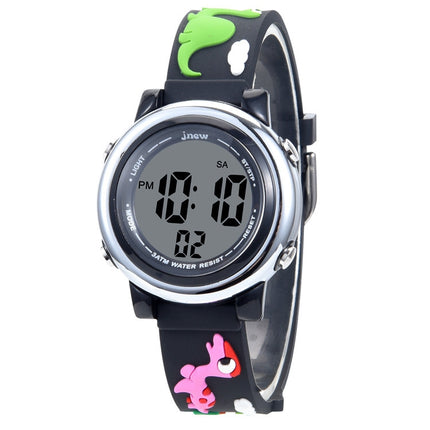 JNEW A380-20090-5 Children Cartoon Dinosaur Rhino Waterproof Time Recognition Colorful Backlight LED Electronic Watch(Black)-garmade.com