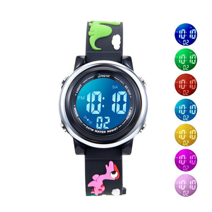 JNEW A380-20090-5 Children Cartoon Dinosaur Rhino Waterproof Time Recognition Colorful Backlight LED Electronic Watch(Black)-garmade.com