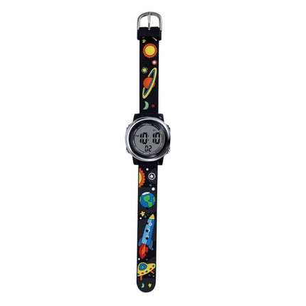 JNEW A380-86294 Children Waterproof Time Cognitive Cartoon Universe Colorful Backlight LED Electronic Watch( Black)-garmade.com