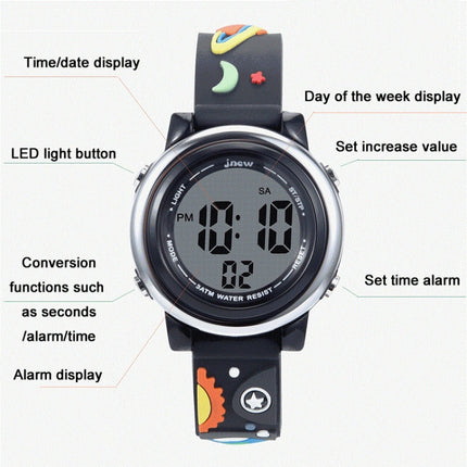 JNEW A380-86294 Children Waterproof Time Cognitive Cartoon Universe Colorful Backlight LED Electronic Watch( Black)-garmade.com