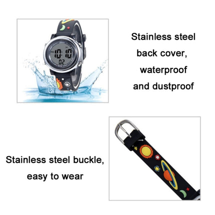 JNEW A380-86294 Children Waterproof Time Cognitive Cartoon Universe Colorful Backlight LED Electronic Watch( Black)-garmade.com