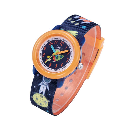 JNEW A369-86408 Children Cartoon Cosmic Starry Sky Waterproof Time Cognitive Ribbon Quartz Watch(Orange)-garmade.com