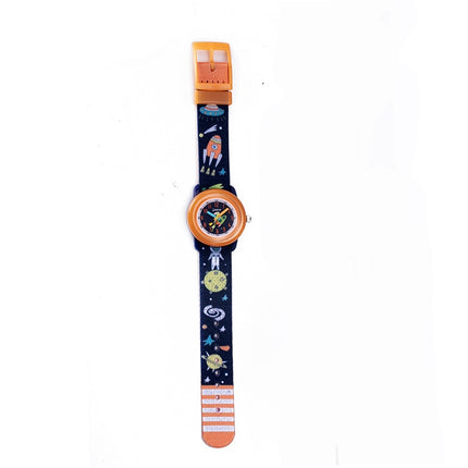 JNEW A369-86408 Children Cartoon Cosmic Starry Sky Waterproof Time Cognitive Ribbon Quartz Watch(Orange)-garmade.com