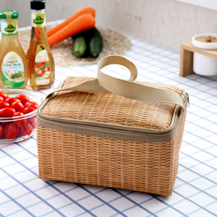 Portable Insulated Thermal Lunch Box Canvas Imitation Rattan Lunch Bag Picnic Container-garmade.com