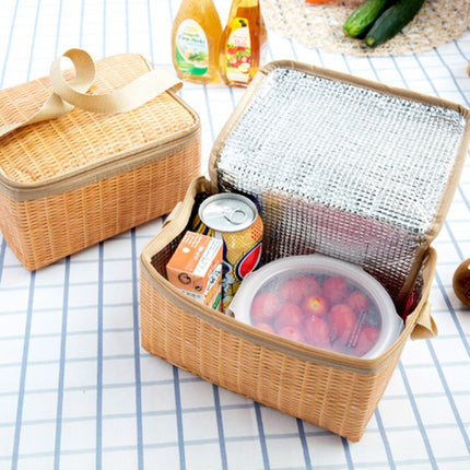 Portable Insulated Thermal Lunch Box Canvas Imitation Rattan Lunch Bag Picnic Container-garmade.com