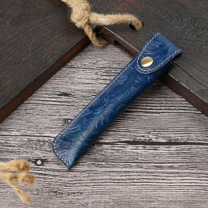 Pen Bag Personality Retro Pure Handmade First Layer Leather Pen Case Protective Cover(Carved Skin Blue)-garmade.com