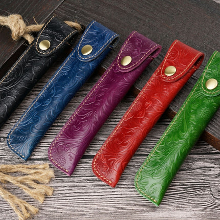 Pen Bag Personality Retro Pure Handmade First Layer Leather Pen Case Protective Cover(Carved Skin Blue)-garmade.com