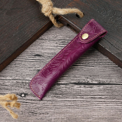 Pen Bag Personality Retro Pure Handmade First Layer Leather Pen Case Protective Cover(Carved Skin Purple)-garmade.com