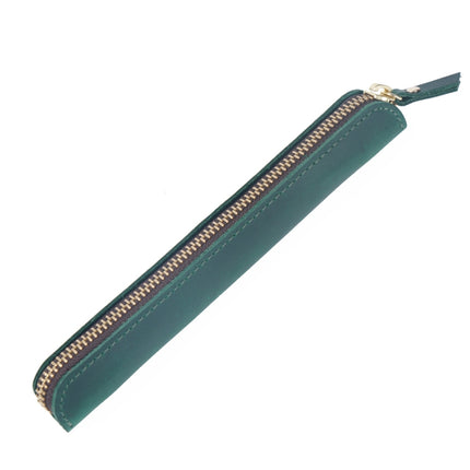 Retro Simple Leather Stylus Leather Zipper Pen Protection Case Crazy Horse Skin Mini Pen Case(Ink Green)-garmade.com