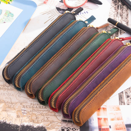 Retro Simple Leather Stylus Leather Zipper Pen Protection Case Crazy Horse Skin Mini Pen Case(Coffee)-garmade.com