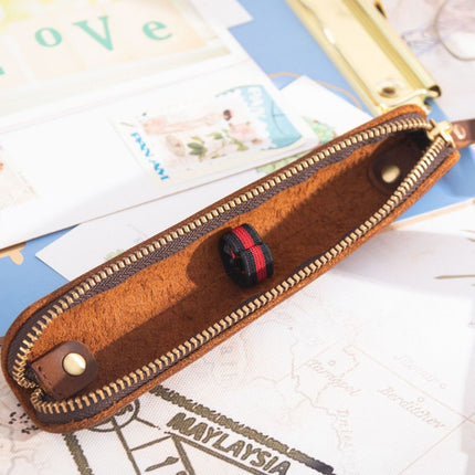 Retro Simple Leather Stylus Leather Zipper Pen Protection Case Crazy Horse Skin Mini Pen Case(Deep Brown)-garmade.com