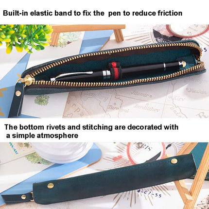 Retro Simple Leather Stylus Leather Zipper Pen Protection Case Crazy Horse Skin Mini Pen Case(Deep Brown)-garmade.com